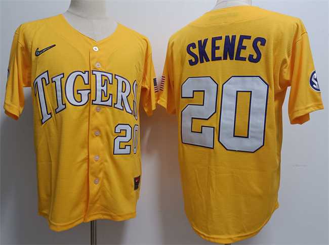 Mens LSU Tigers #20 Paul Skenes Gold 2023 Stitched Baseball Jersey Dzhi->->NCAA Jersey